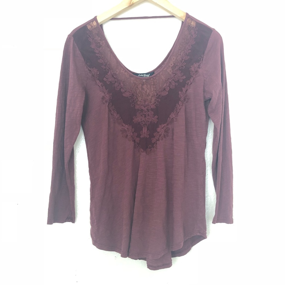 Lucky Brand Maroon Embroidered Mesh Detail Blouse - Picture 1 of 6